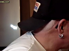 Gloryhole amateur DILF gives close up blowjob and handjob