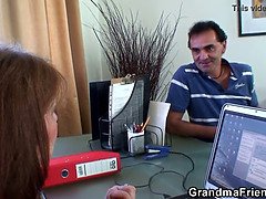 Granny and boys teen threesome in the office