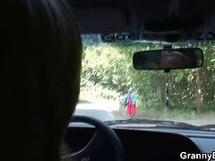 Hitchhiking 70 years old granny riding roadside