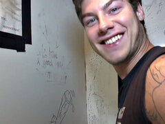 Fooled gloryhole cum on gay lips after blowjob