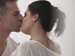 Cute with dark hair provides her ass to fuck in the bedroom