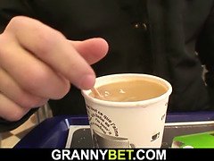 He picks up and fucks her fat hairy old cunt