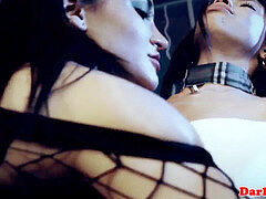 lesbo domination frees gimp from cage and queens her
