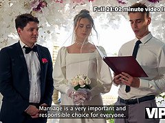 Russian bride gets her tiny tits pounded and filled with cum while cuckold guests watch in HD