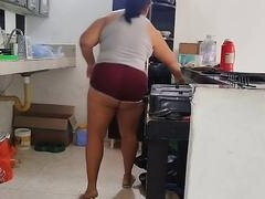 Chubby Latina Adribella69 enjoys showing off her huge ass while cleaning the house for her stepdad's old man