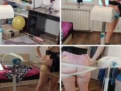 Gorgeous hairy milf shows off her big titties and big booty while cleaning the house in the nude