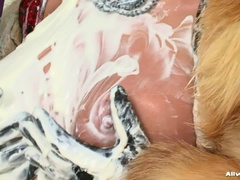 黒人, 医者, 女, グローブ, レザー, サテン, オッパイの, 濡れ