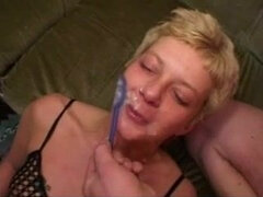 Retro blonde deepthroats big dick and enjoys anal fuck before eating cum