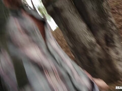 Horny slut with big naturals gets fucked in the woods