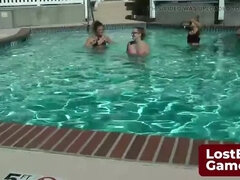 Amateur Lesbian Strip Game - Fingering Teen Cuties in Pool Threesome