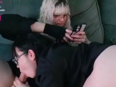 Blonde TS in Glasses and Her Girlfriend Suck and Fuck on a