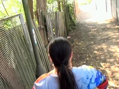 Short and thick brunette outdoor pising and public flashing