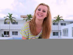 Blonde teen Jessie Rogers sucks big dick by the pool