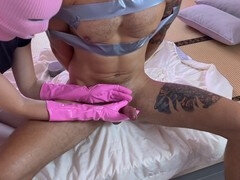 Bondage discipline sadomasochisme, Gebondenheid, Sperma shot, Dominatie, Dominante vrouw, Handschoenen, Handbeurt, Latex