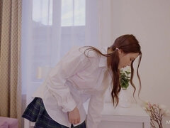 Busty 20yo College Schoolgirl in uniform and stockings Mila Azul - solo masturbation