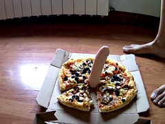 CUM FOOD fetish. Teasing, dildoing and eating pizza with cum