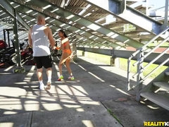 Lovers fuck in a changing room after an outdoor workout