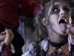 A blonde is sucking a cock while another is fucking her cunt