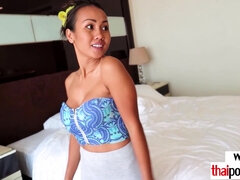 Petite amateur Thai MILF Joon Mali with big boobs lifts her dress up to show her asian pussy for her lover She is smiling and caressing her juicy hole