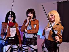 Mikasa, Sasha and Historia Pound Dripping Wet Pussies with Fingers and Devour Cunnilingus to a