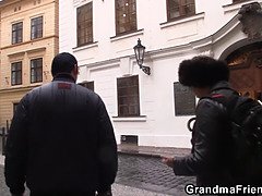 Hairy granma in red lingerie swallows two dicks