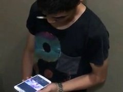 Asian boy caught masturbating and squirts in the bathroom