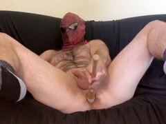 Solo gay marvel fan gets into cosplay and indulges in some superhero self-pleasure