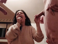 Deepthroat, sloppy blowjob, amateur tag team
