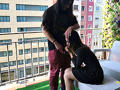 interracial duo having public fuck-a-thon in a city balcony