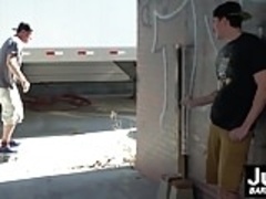 Skating dude with sexy mustache barebacked on his own board