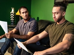 Long-haired hotties Diego Sans and Xavier Cox fuck on the couch