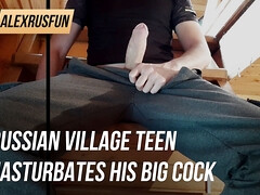 Russian village teen masturbates his big cock on the stairs and pisses outside