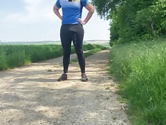Hands free cumshot while taking a walk in public