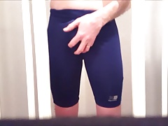 Bulging and pissing my blue lycra spandex running shorts