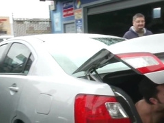 Bound, humiliated and bukkaked in public