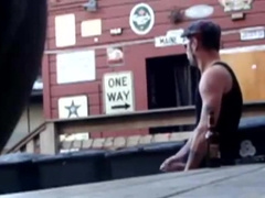 Wanking off in bar patio.