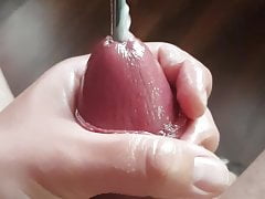 Cum fountain from sounded oiled bound huge cock