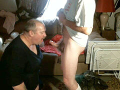 Crossdresser sucking mature buddies shaft and drinks it all