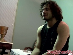 Handsome dude with curly black hair jerking off his big cock