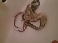 my horny cock pees on my best female friend's dirty panty