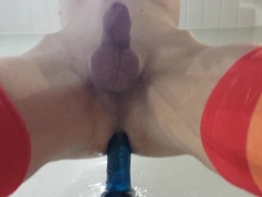 Strung Up youngster railing absorption-bowl fake penis on wall, squealing, with dual climax