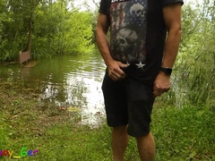 Homosexual fellow wanks off by the lake and frigs his cock-squeezing fuck hole. (S)