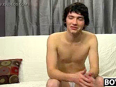 Interviewed weenie guzzler plays with his big salami and shoots a load