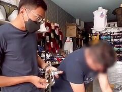 swimsuit shop customer gets sounded and then spit roasted by shopkeeper and exhibitionist