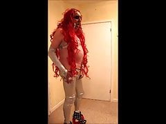 Red haired slut in silver leggings