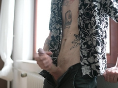 Edging Myself at the Window - Noisy Yelling Climax with Large Cum shot