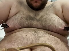 Cock and nipple bondage in the bath with hands free cumshot at the end