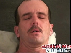 Older inked homo jerks off his big cock in the bedroom