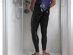 Come in the shower in shiny leggings