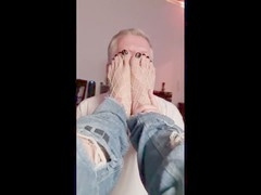 Older licking feet, nylon feet licking, dad licks sons feet